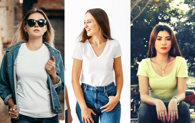 Women wearing crewneck, v-neck and scoop neck t-shirts.