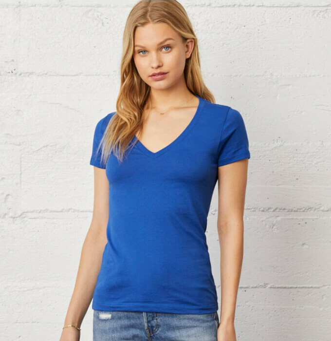 Woman modeling Bella+Canvas plunging neckline, or deep v, t-shirt in royal blue.